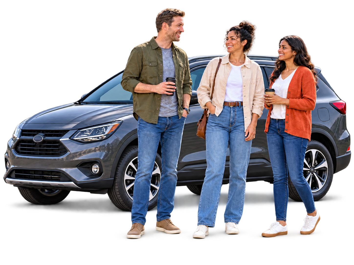 Three neighbours standing and talking beside a shared SUV.
